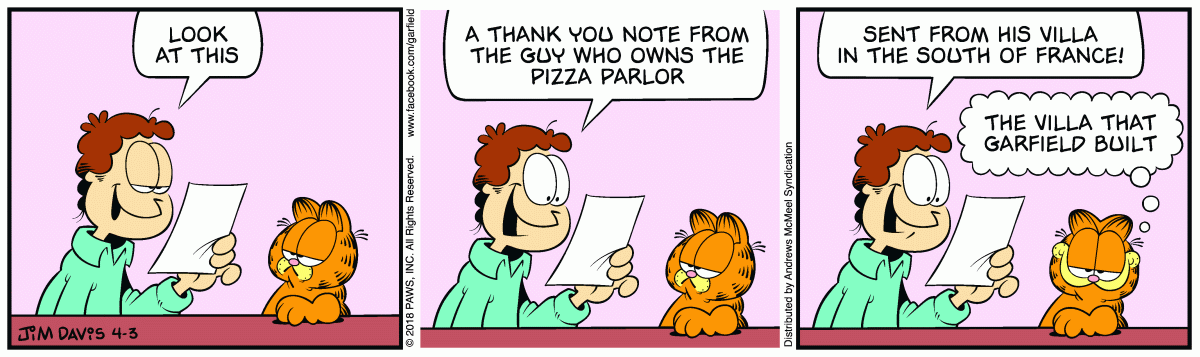 Garfield comic strip for Tuesday, April 3, 2018